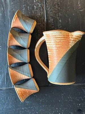 RARE Rick Schlag ceramic pitcher and cup set vintage signed 6