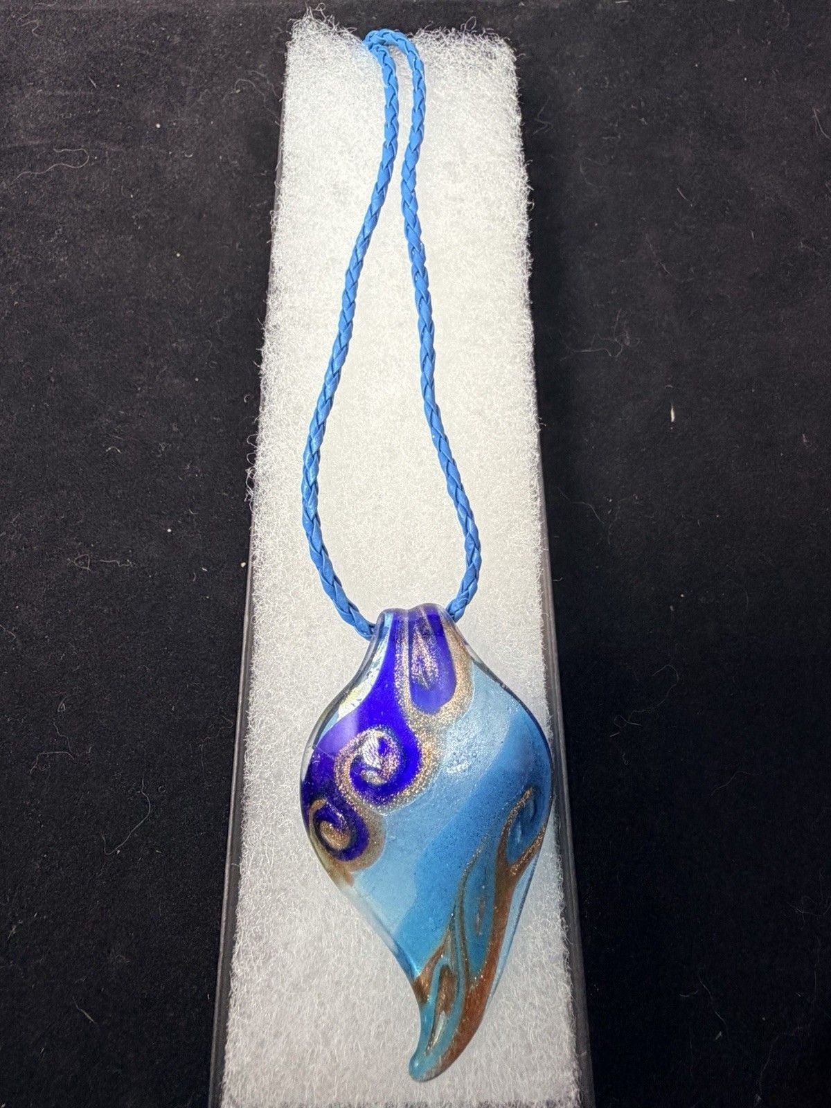 Vintage Murano Style Glass Wave Pendant Necklace Cobalt Blue Gold Foil Venetian Art 3