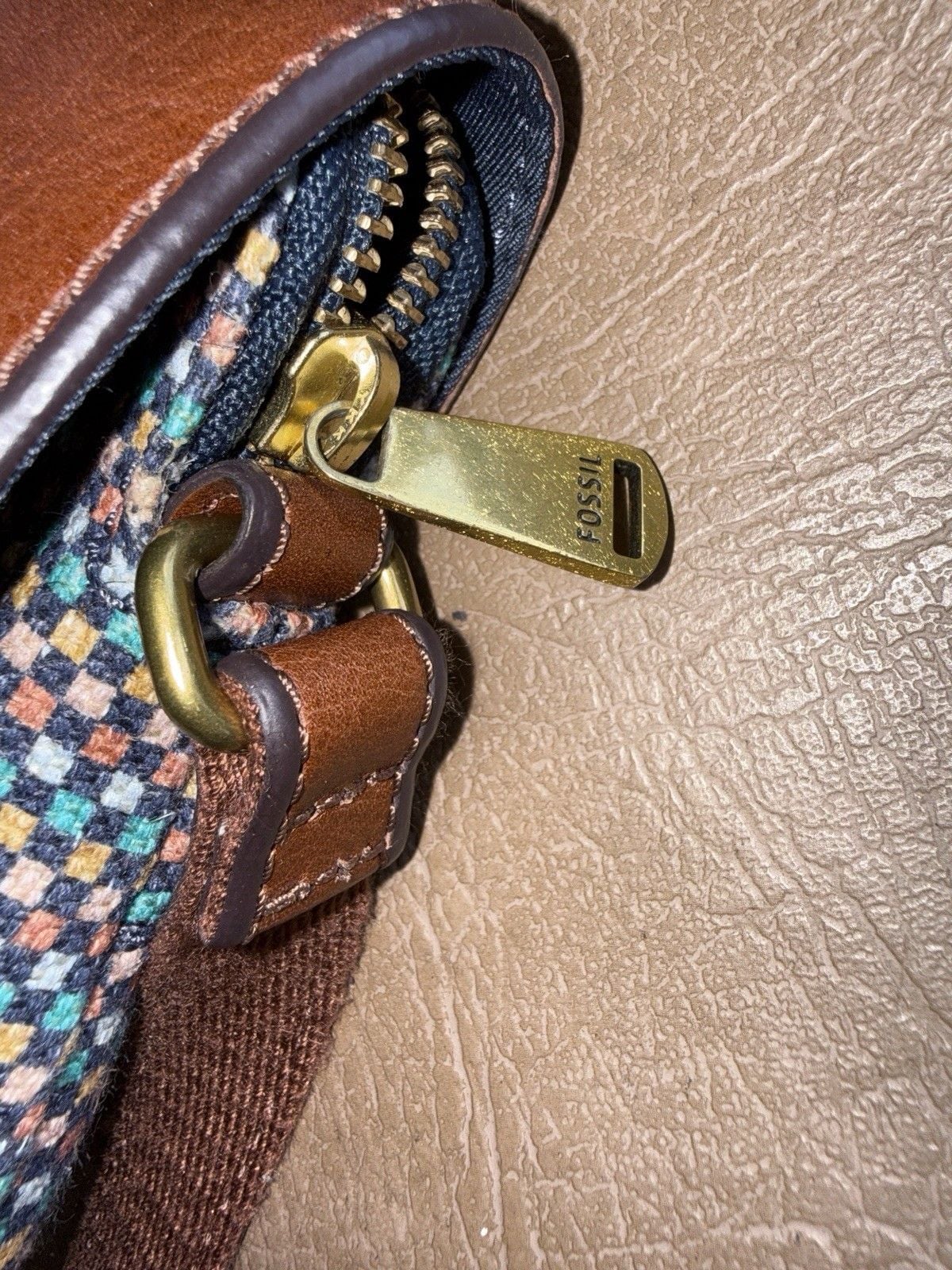 Fossil Women's Crossbody Bag Brown Leather Multicolor Checkered Accent 12