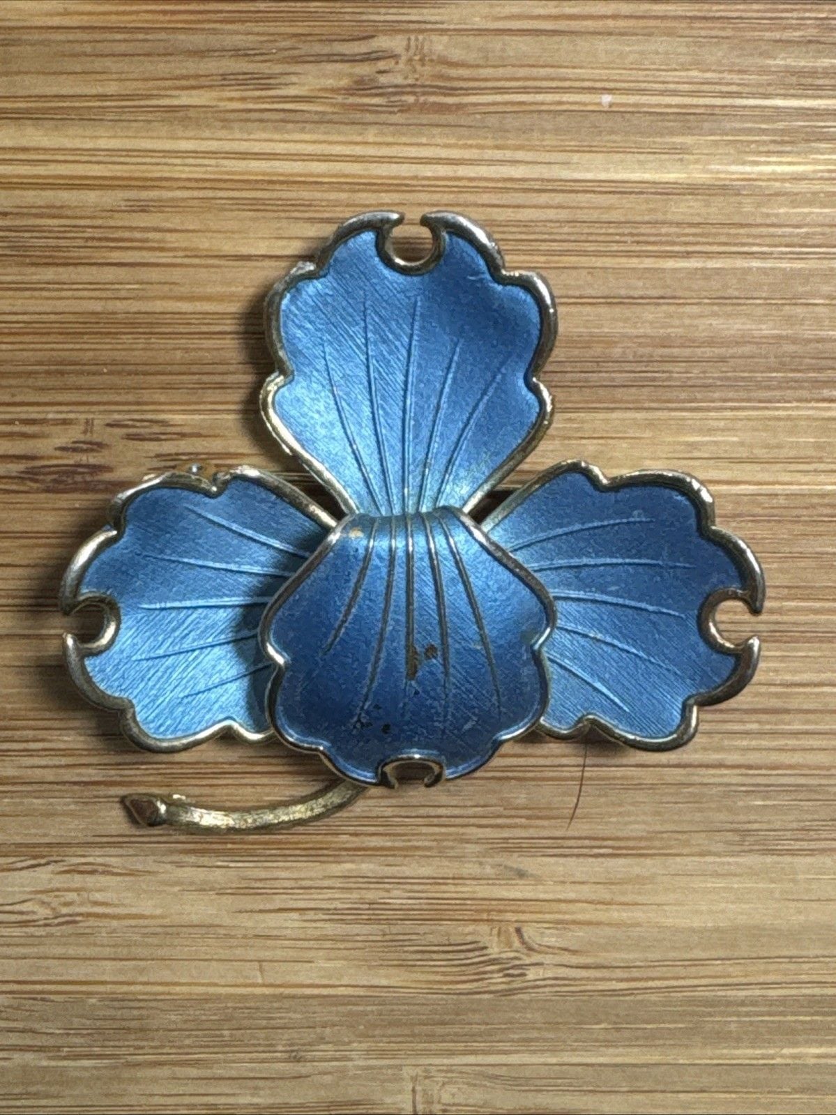 Vintage Satin Blue Enamel Flower Brooch Pin Gold Tone Floral Stem 4