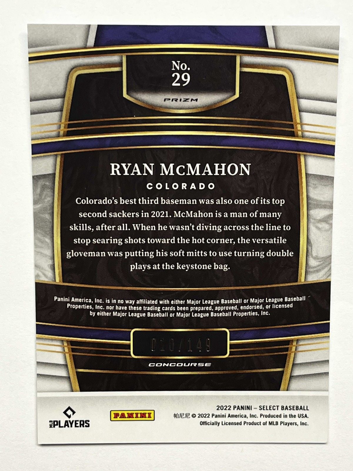 2022 Panini Select Concourse Ryan Mcmahon #29 Light Blue Prizm /149 Rockies 2