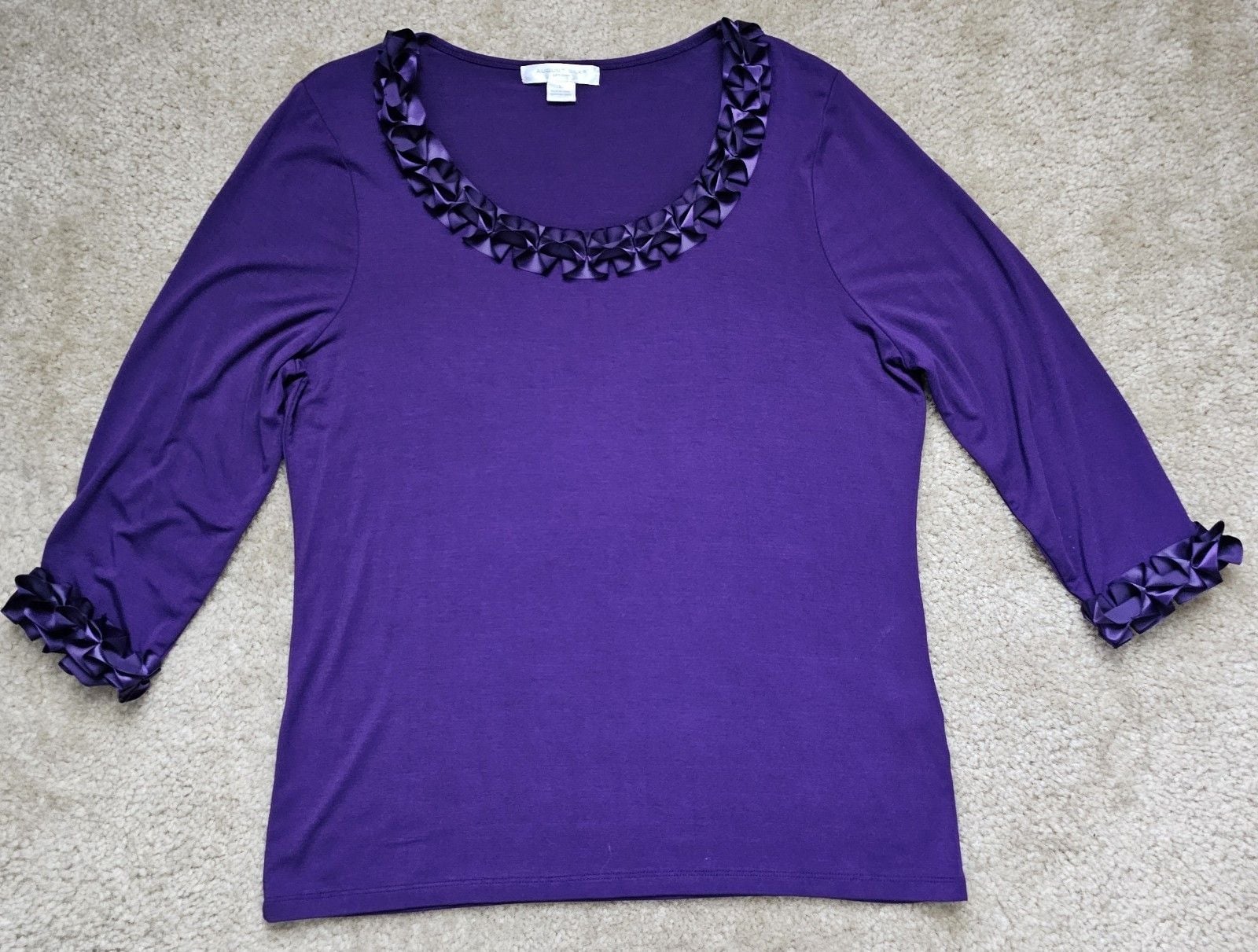 August Silk Women's XL Purple 3/4 Sleeve Top Satin Ruffle Rosette Trim Scoop Nec 2