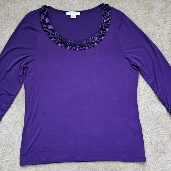 August Silk Women's XL Purple 3/4 Sleeve Top Satin Ruffle Rosette Trim Scoop Nec