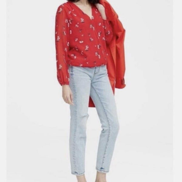 Banana Republic Red Floral Chiffon Pleated V-Neck Long Sleeve Blouse Size L