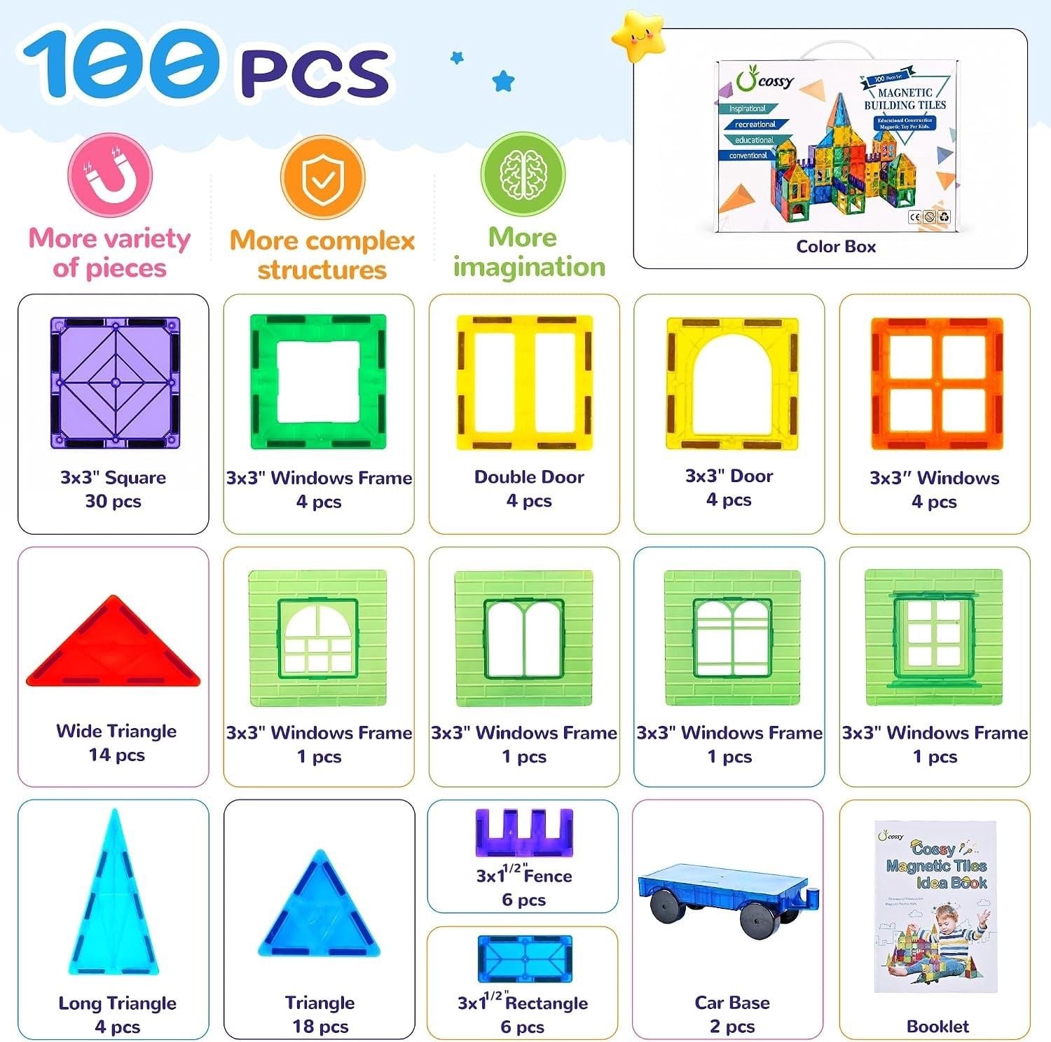 100 Pcs Magnetic Tiles, Magnet 3D Building Blocks Set with 2 Cars 5