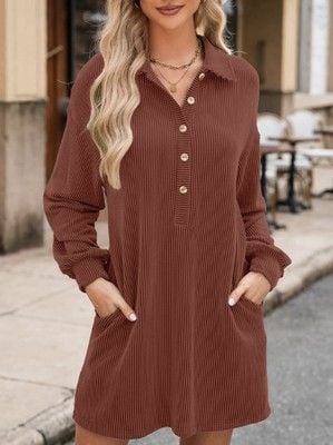 AlvaQ Womens Long Sleeve Dress Loose Button Front Lapel Collared Ribbed-SIZE M 5