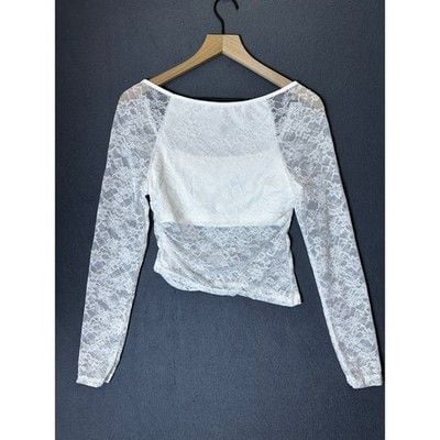 SHEIN White Lace Long Sleeve Square Neck Asymmetrical Top Women's Medium 7