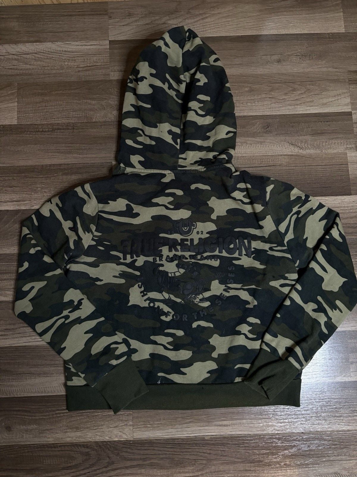 True Religion Full ZipHoodie WomenSize M Green CamoBuddha Logo Sweatshirt 7