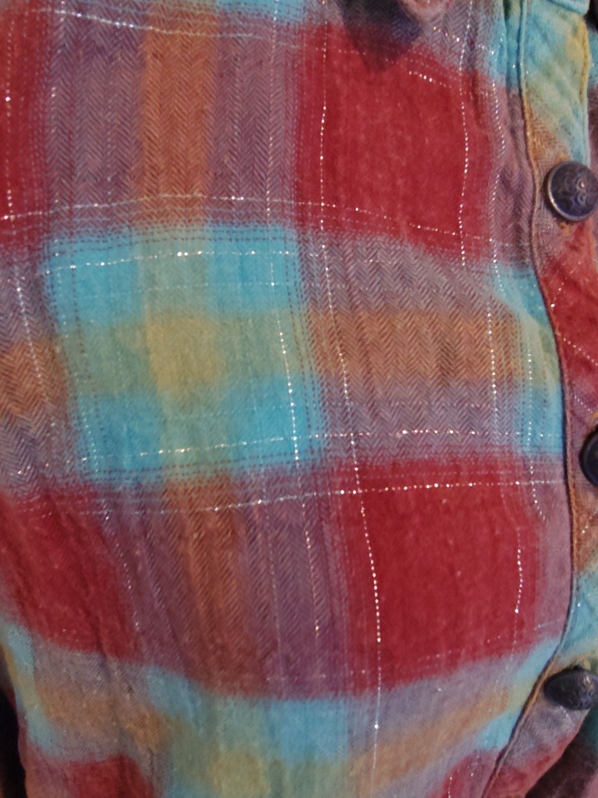 Aratta Pink & Blue Boho Plaid Button Down w Beautiful WaterColor Seascape Sz S 14