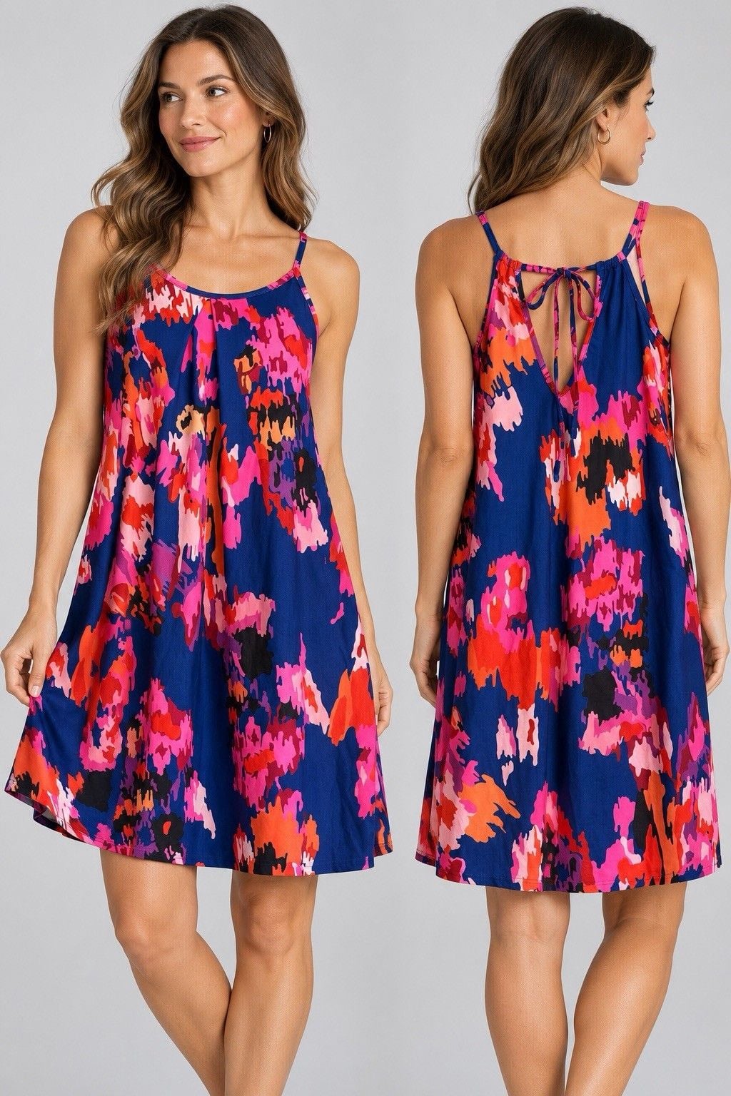 Womens M Navy Multicolor Abstract Floral Swing Dress Tie Back Sleeveless 2