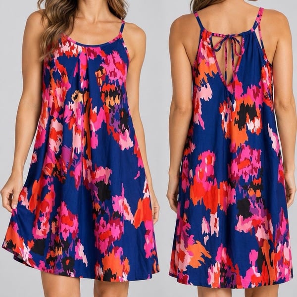Womens M Navy Multicolor Abstract Floral Swing Dress Tie Back Sleeveless