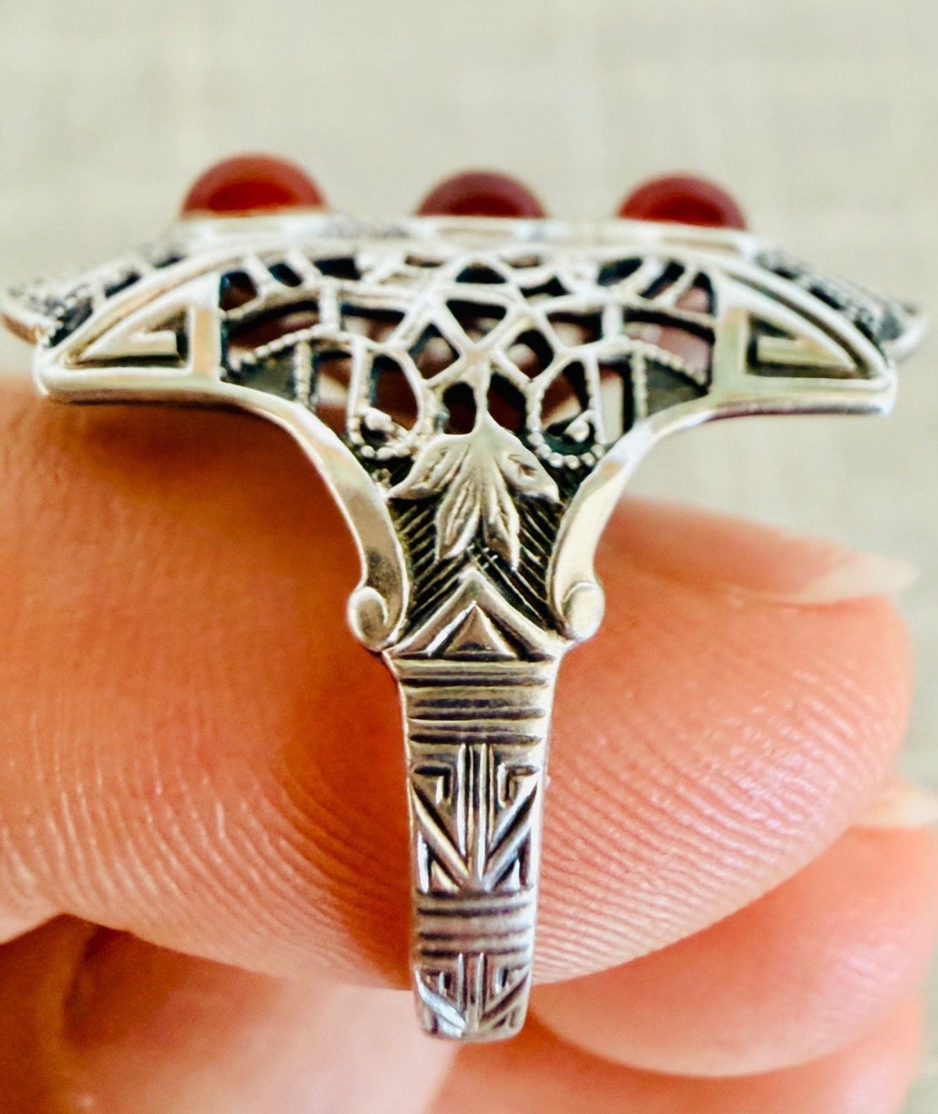 Antique Art Deco Sterling Silver Filigree 3-Stone Carnelian Glass Ring Size 6 7