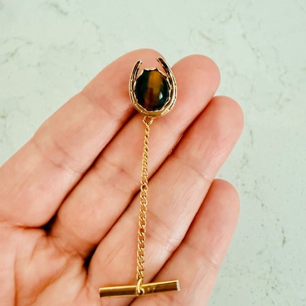 Vintage Horseshoe Tiger's Eye Tie Tack | Gold Tone | Chain & T-Bar | Lucky Charm