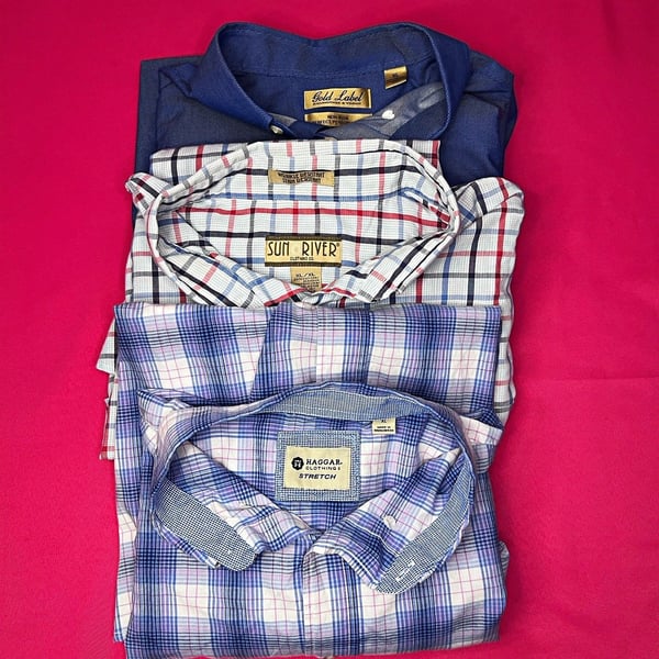 Lot 3 Mens XL Button Down Short Sleeve Shirts Gold Label Sun River Haggar Plaid 