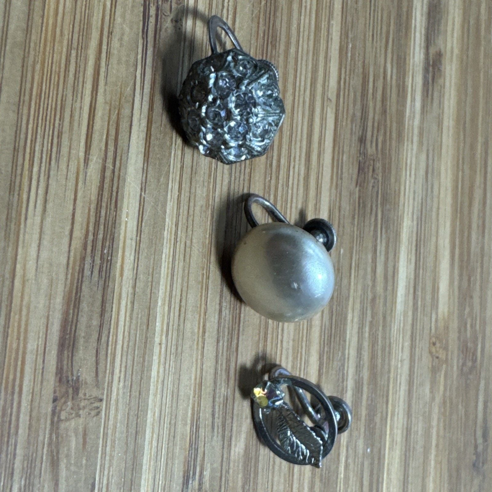Vintage Sterling Silver Single Earrings Lot of 4 Screw Back Pearl Rhinestone 2