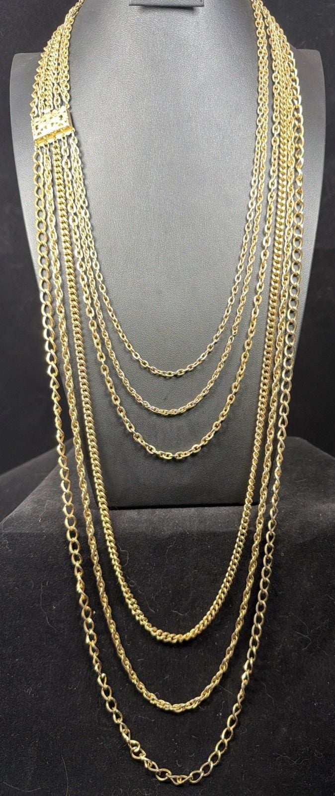Vintage Multi Strand Gold Tone Layered 6-Chain Necklace Ornate Clasp Set 2