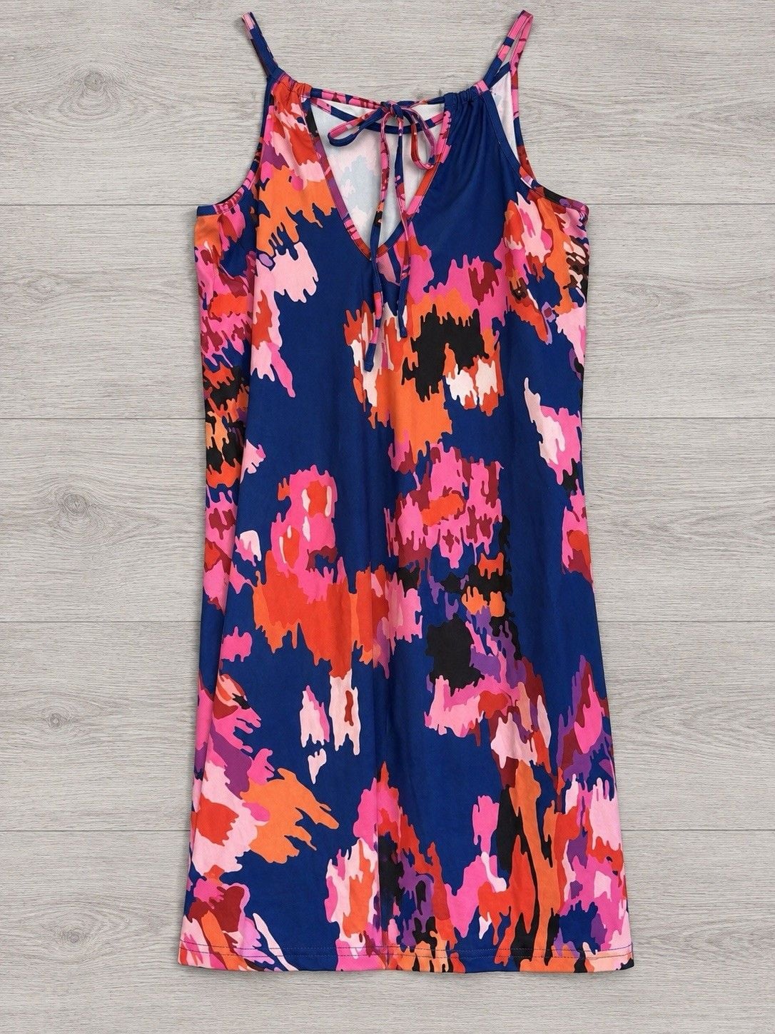 Womens M Navy Multicolor Abstract Floral Swing Dress Tie Back Sleeveless 3