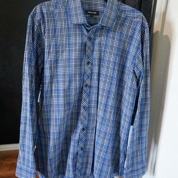 Jared Lang - Men's Blue & White Micro Check Long Sleeve Button Down Shirt Size L