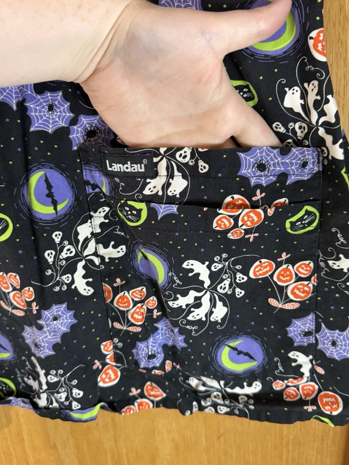 Landau Women’s Halloween Print Scrub Top Short Sleeve Chest Pocket Multi 3