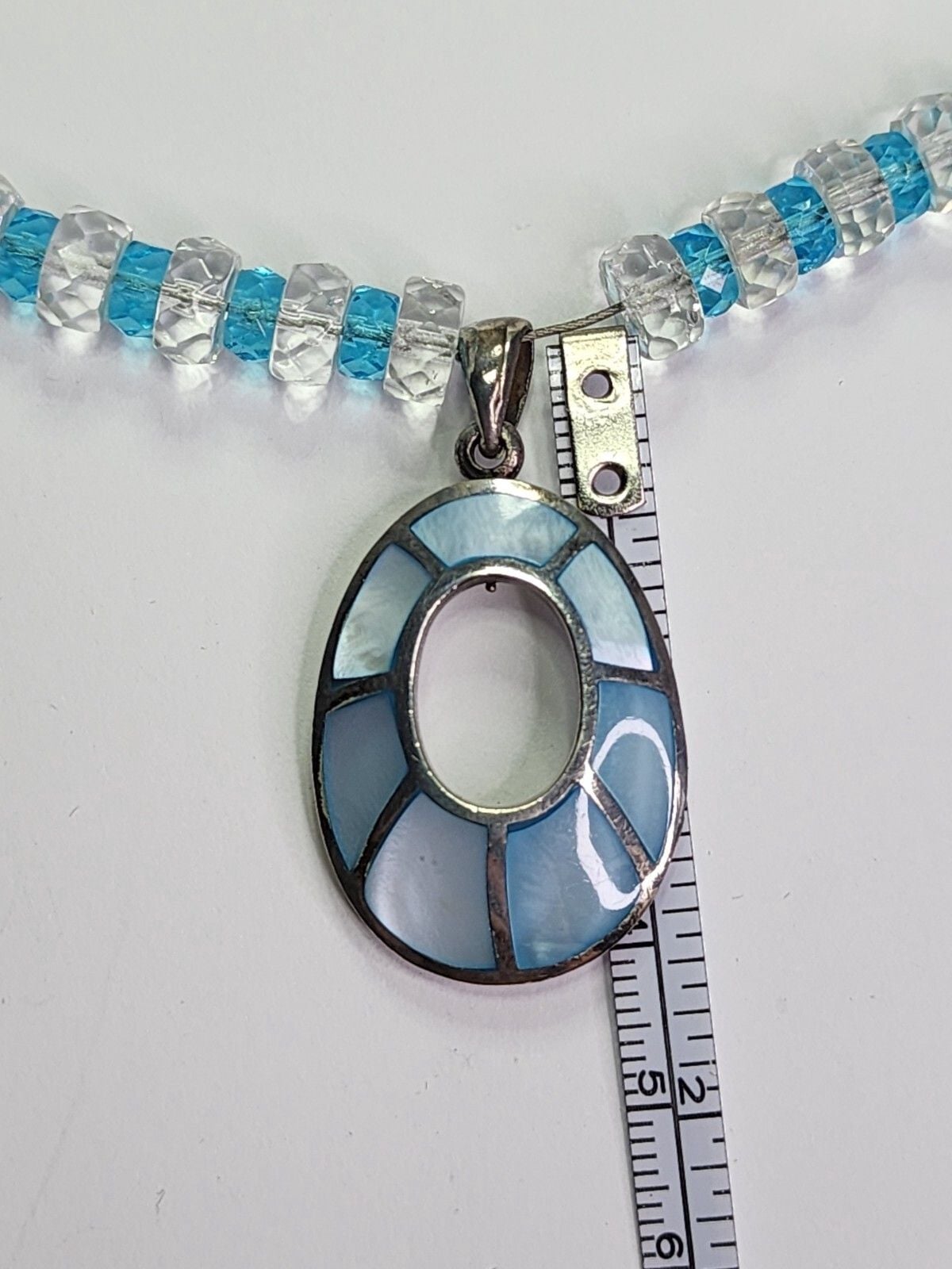 Sterling Silver Blue Mother Of Pearl Inlay Pendant On Blue and White Necklace 5