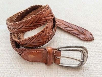 Talbots Vintage Brown Braided Woven Leather Belt Silver Western Buckle Boho LRG 2