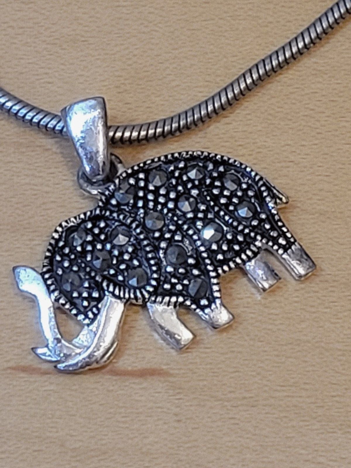 925 Sterling Silver Marcasite Elephant Charm Snake Chain Bracelet Vintage 3
