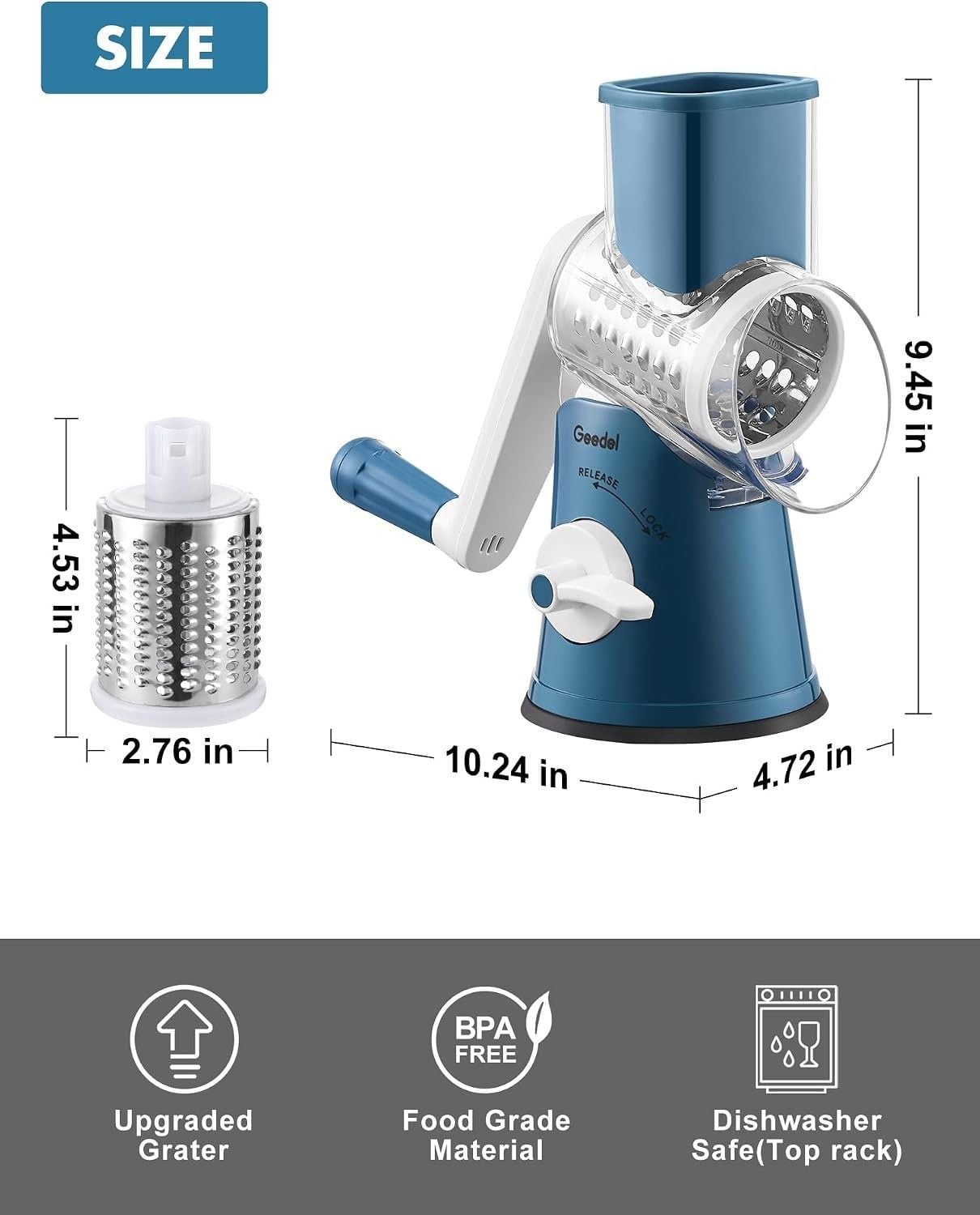 Geedel Rotary Cheese Grater Hand Crank, Cheese Shredder Vegetable Slicer 3