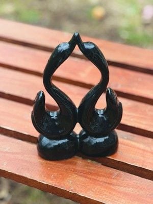 Vintage 1970's Art Deco Style Black Glazed Ceramic Swans Kissing Made In Japan 10