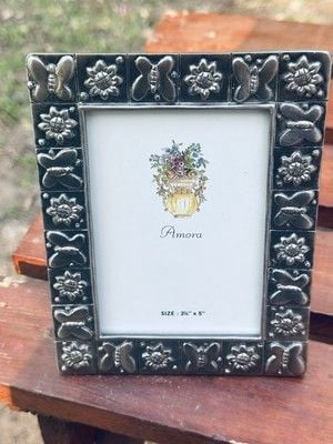 VTG NOS Amora Signed Pewter Butterfly Sunflower Geometric Picture Frame 3.5 x 5” 2