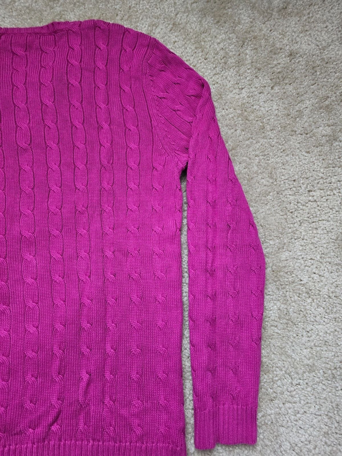 Lauren Ralph Lauren Women XL Pink Cable Knit V Neck 100% Cotton Sweater 9