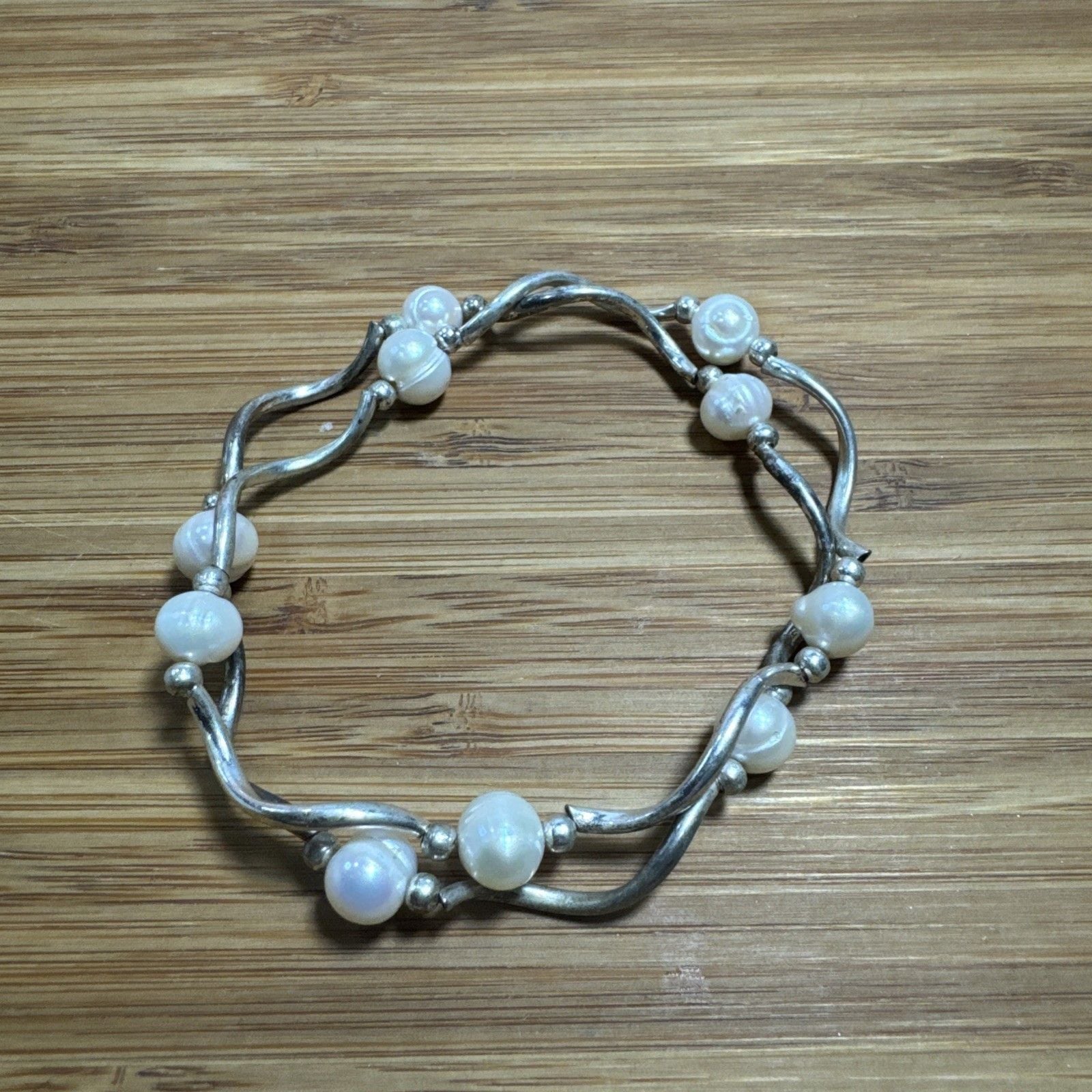 Vintage Silver Plated Genuine Pearl Wave Stretch Bracelets Set of 2 4