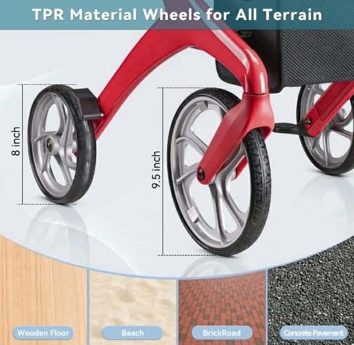 ENTESI All Terrain Rollator Walker 4 Wheel Foldable Seat Brakes Red 300 lb 9