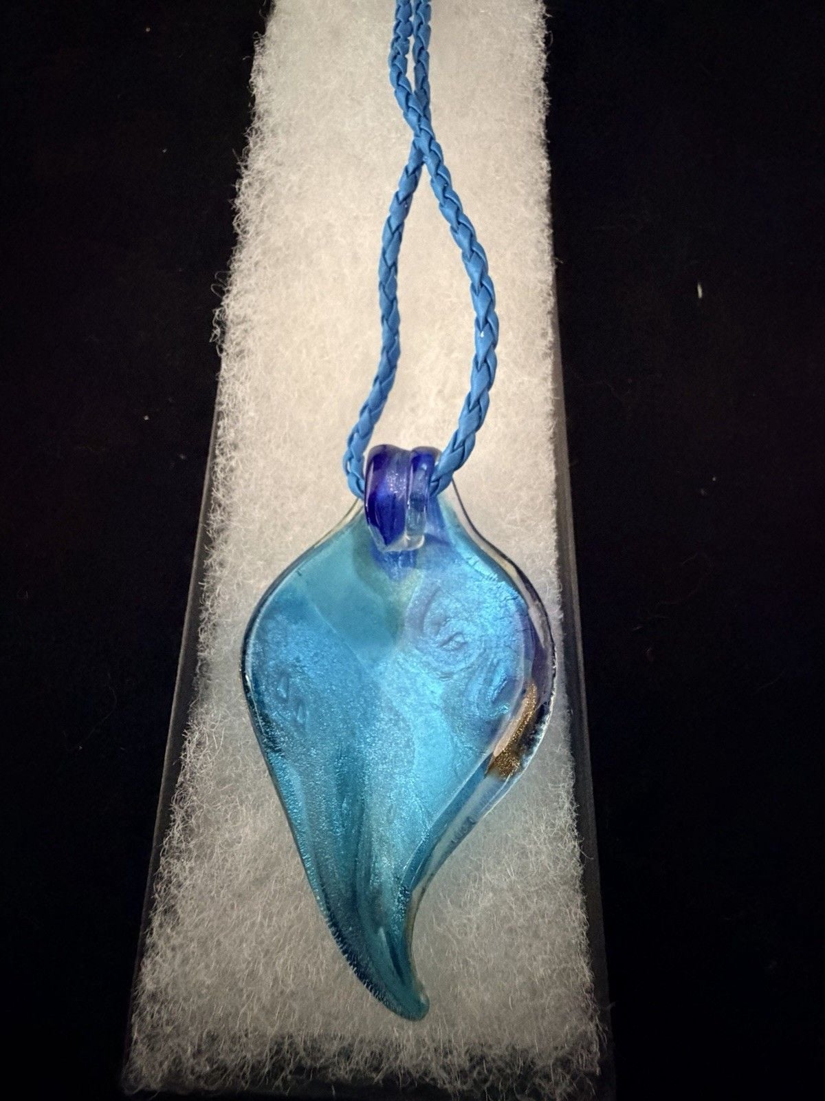 Vintage Murano Style Glass Wave Pendant Necklace Cobalt Blue Gold Foil Venetian Art 4