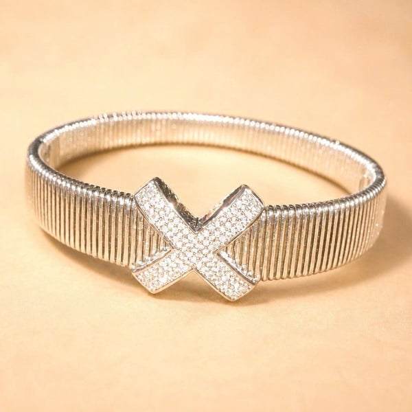 High End Silver Plated Ribbed Cuff Bangle Bracelet Pavé VVS CZ Crystal