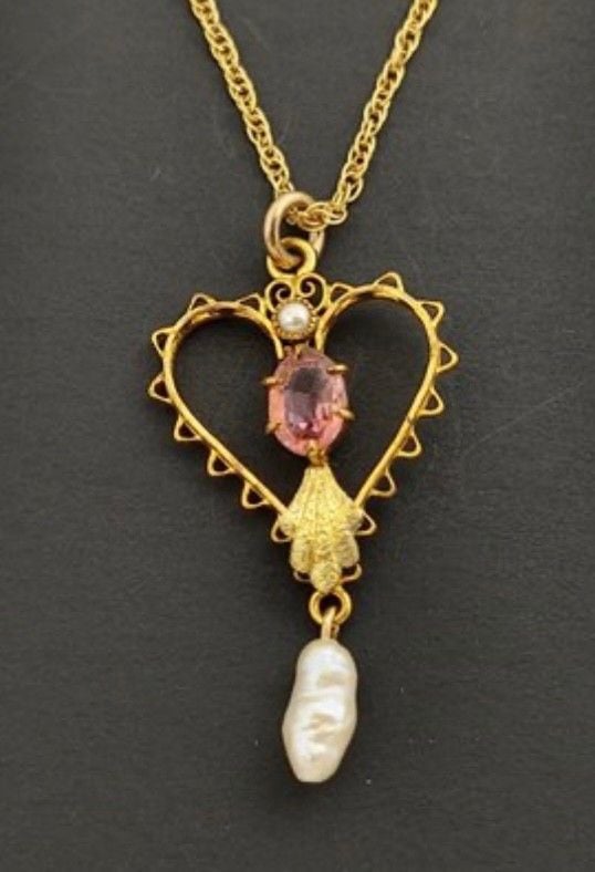 Antique Art Nouveau 12K GF Heart Lavalier Necklace Pink Stone Natural Pearl 2