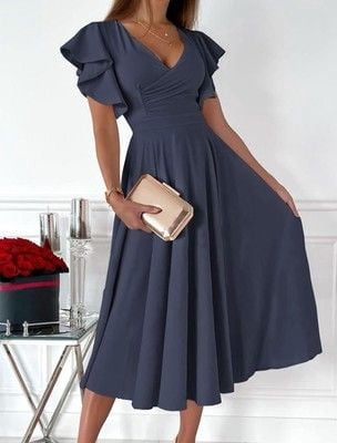Dokotoo Women's V Neck Elegant Party Dress Short Sleeve Skater-SIZE XL 4