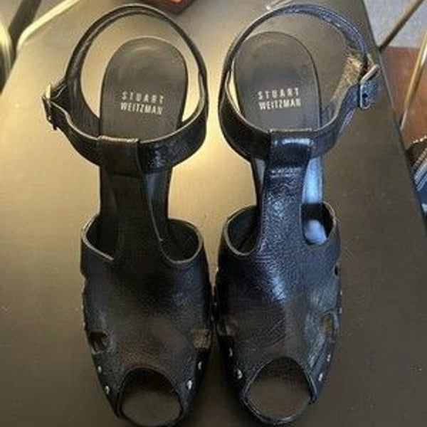 Stuart Weitzman Black Leather Studded Platform Block Heel Buckle Straps Peep Toe
