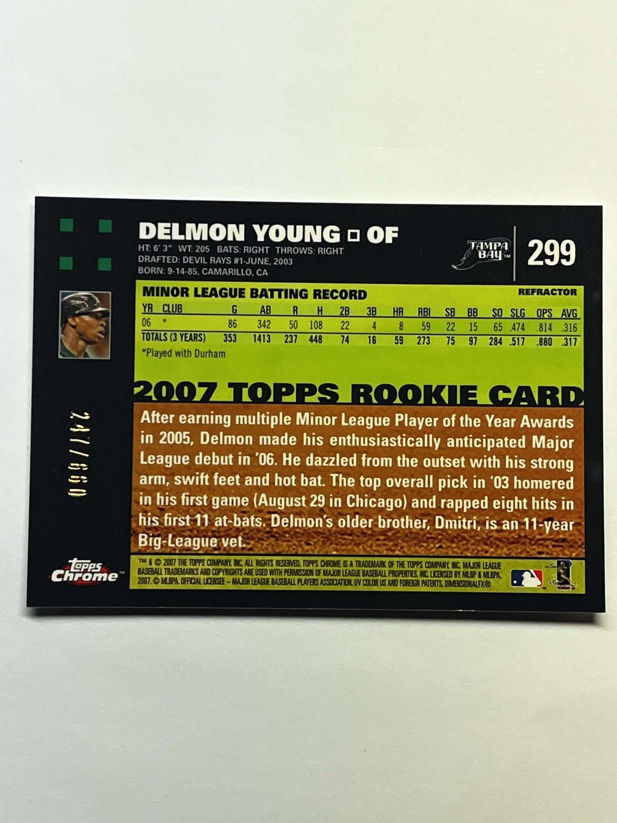 2007 Topps Chrome Delmon Young #299 White Refractor /660 RC Tampa Bay Devil Rays 2