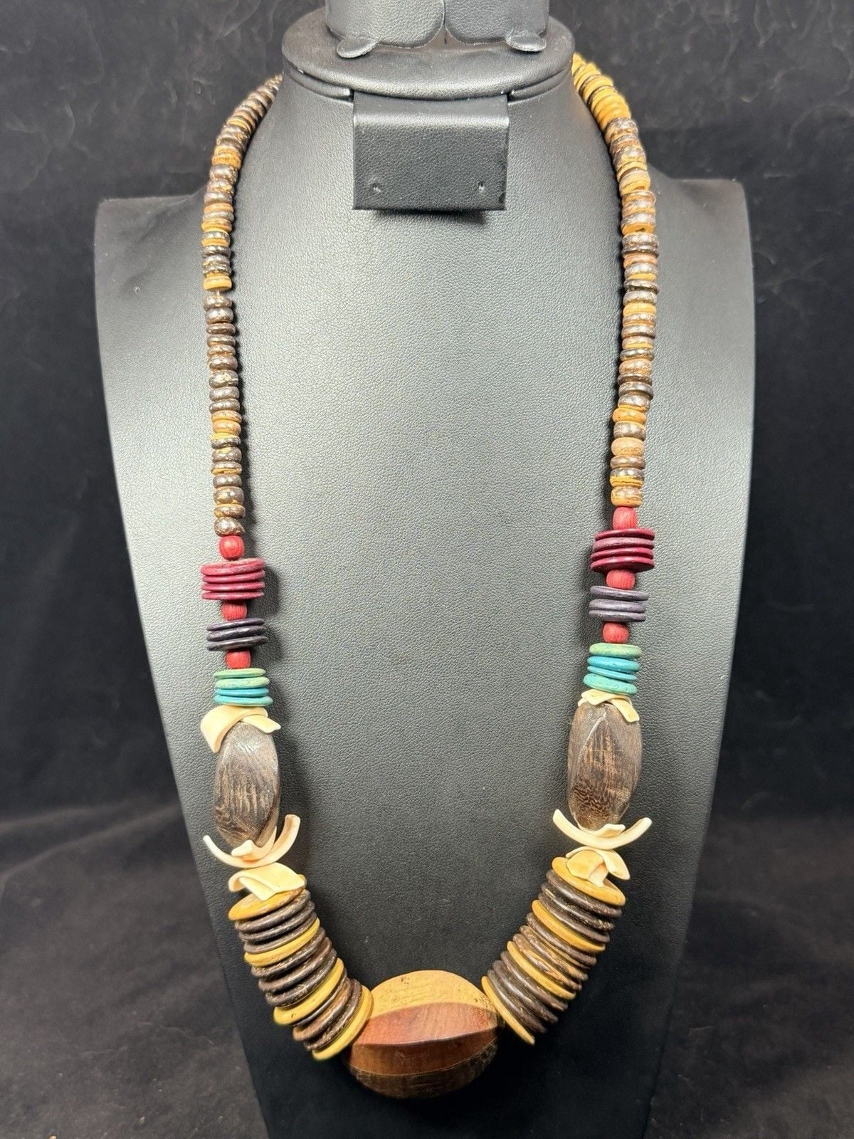 Vtg Boho Natural Coconut Shell Disc Heishi Bead Wooden Tribal Statement Necklace 2