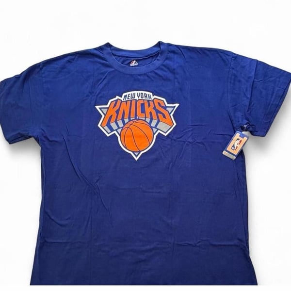 NBA New York Knicks blue t-shirt with orange basketball graphic number 7!Anthony on the back size 4XL big & tall dimensions in the pictures brand new with tags.