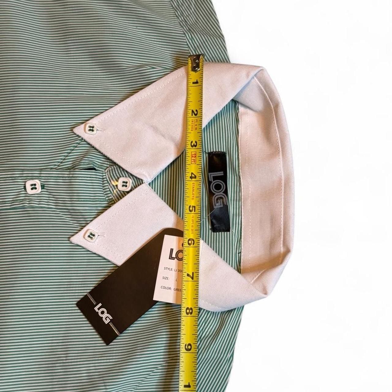 Log wear Green white striped button-up shirt with white collar and cuffs, size Large dimensions are in the pictures brand new with tags 7