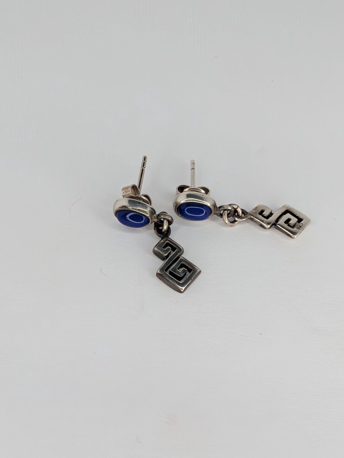 Sterling Silver 925 Greek Key Lapis Lazui Stud Earrings 3