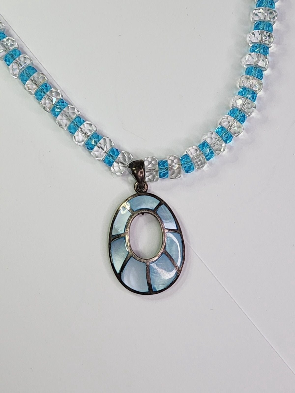 Sterling Silver Blue Mother Of Pearl Inlay Pendant On Blue and White Necklace 3