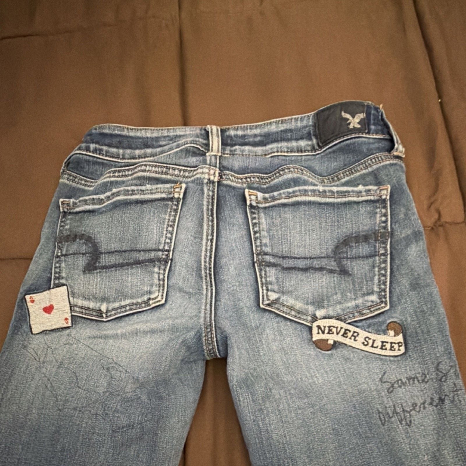 American Eagle Outfitters Women's Blue Distressed Patch Jegging Stretch Jeans 7
