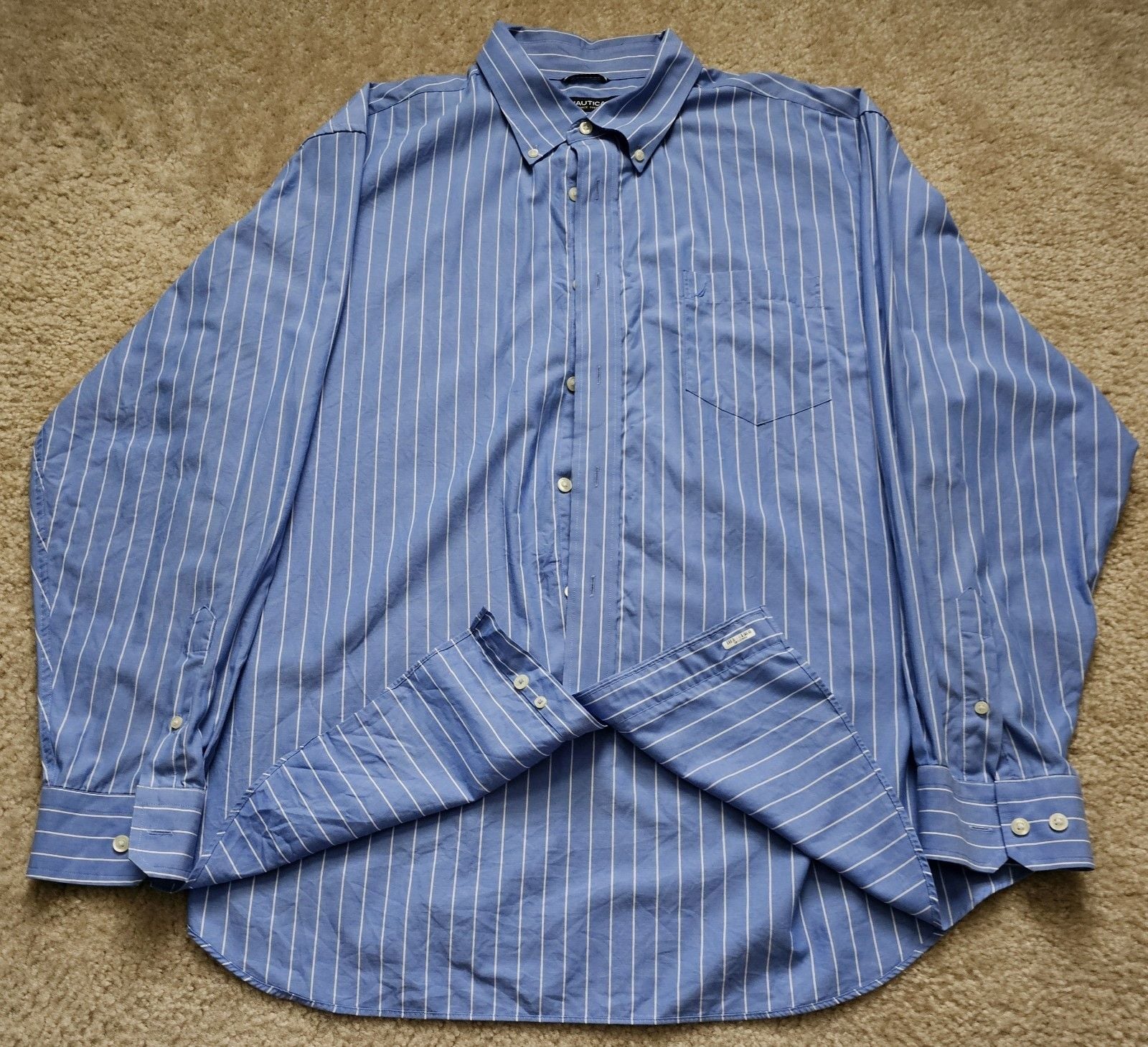 Nautica Mens XXL Blue White Stripe Long Sleeve Button Down Shirt 100% Cotton 5