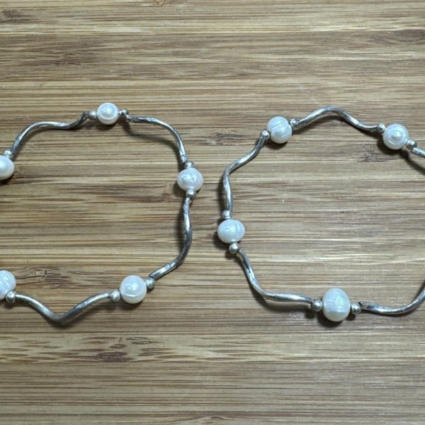 Vintage Silver Plated Genuine Pearl Wave Stretch Bracelets Set of 2