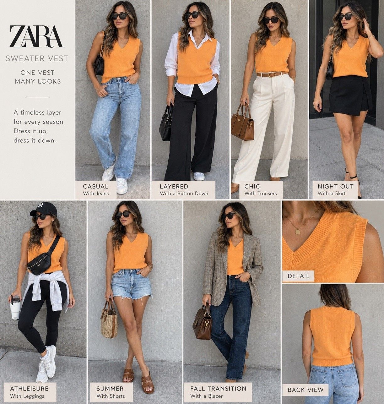 ZARA Women’s S Orange V Neck Knit Sweater Vest Sleeveless Viscose Blend 3