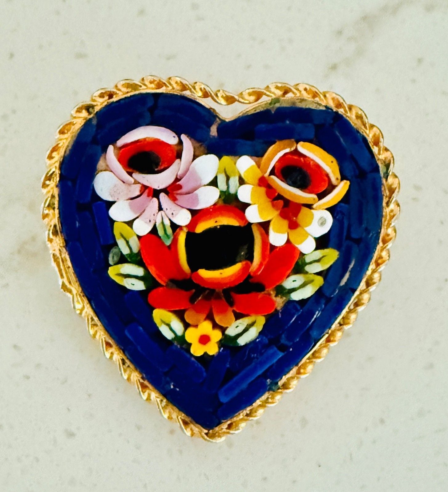 Vintage Italian Micro Mosaic Heart Brooch Floral Gold Tone Pin Made in Italy 2