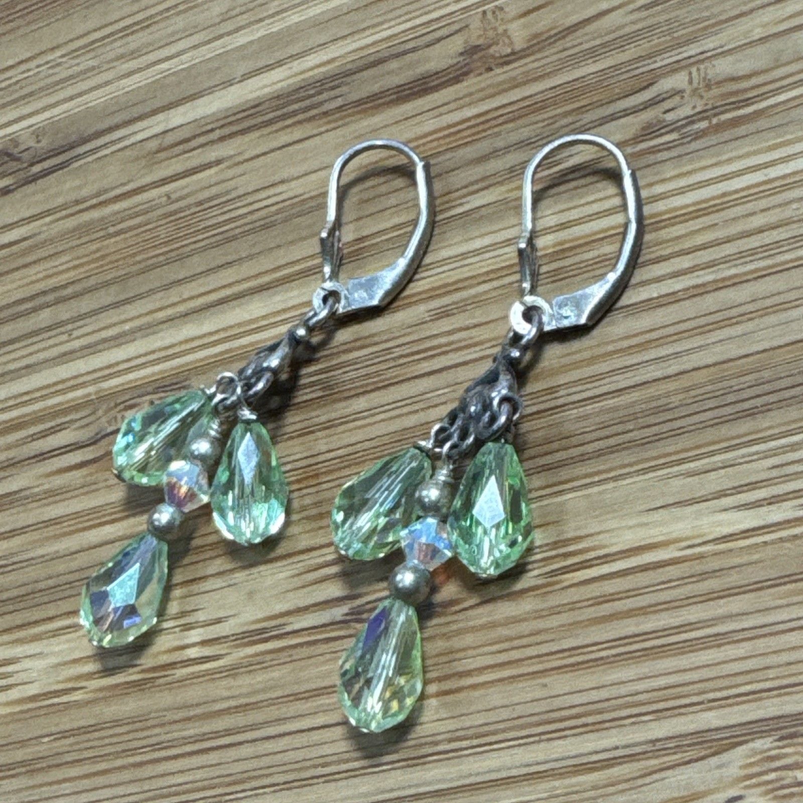 925 Sterling Silver Green AB Crystal Teardrop Dangle Leverback Earrings 3