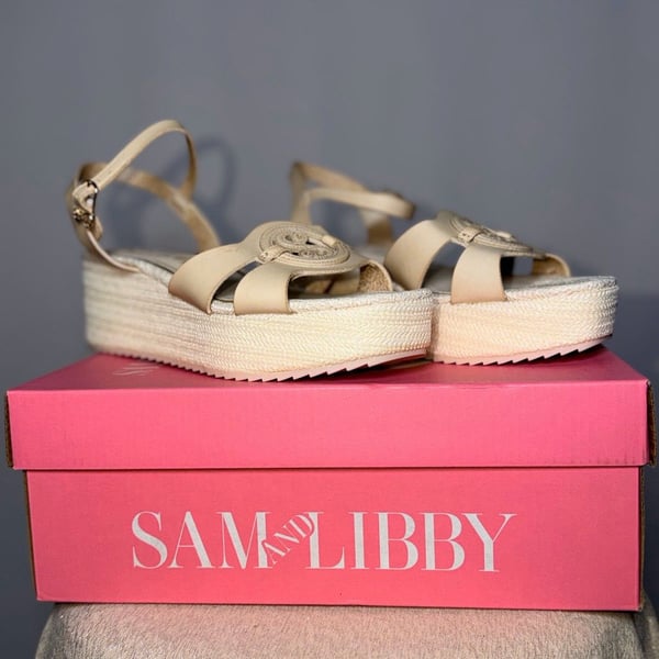Sam & Libby Women's Cream Platform Espadrille Wedge Ankle Strap Sandals